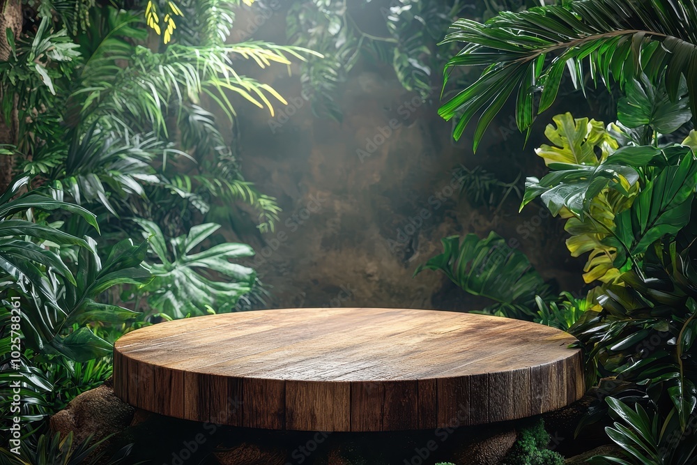 A rustic wooden table surrounded by lush greenery, creating an inviting atmosphere perfect for display or presentation A rustic wooden table surrounded by lush greenery, creating an inviting atmosphere perfect for display or presentation