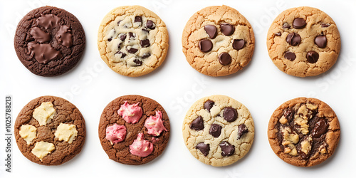 Different cookies in one picture top view white background