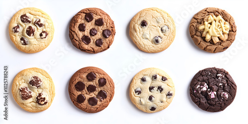 Different cookies in one picture top view white background