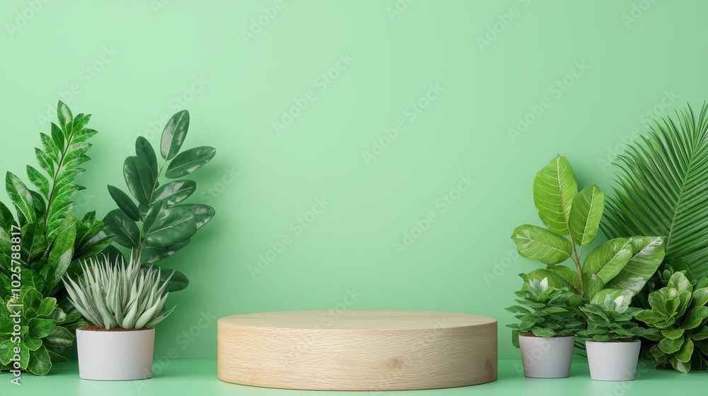 A stylish showcase with various green plants and a wooden platform, perfect for product display or nature-themed backgrounds A stylish showcase with various green plants and a wooden platform, perfect for product display or nature-themed backgrounds