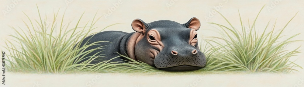 Pygmy hippo lying in tall grass illustration with soft sketch style and gentle colors peaceful and calm appearance Pygmy hippo lying in tall grass illustration with soft sketch style and gentle colors peaceful and calm appearance