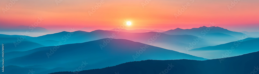Fototapeta premium A Breathtaking Sunset Over a Serene Mountain Range, with a Soft, Hazy Glow that Creates a Tranquil Atmosphere
