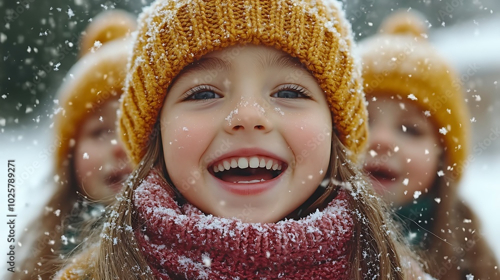 Joyful Children in Winter Wearing Knitted Hats Joyful Children in Winter Wearing Knitted Hats