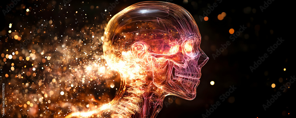 Abstract 3D Illustration of a Burning Skull with Glowing Lines and Bokeh Effects Abstract 3D Illustration of a Burning Skull with Glowing Lines and Bokeh Effects