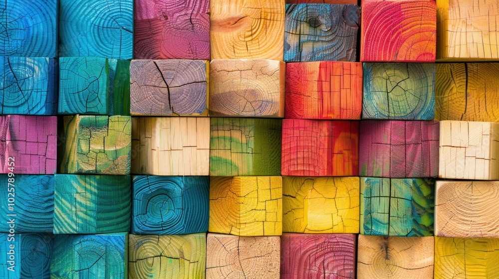 colorful wooden blocks, vibrant wood texture, abstract background with stacked cubes in various colors and patterns, showcasing a playful and artistic design concept colorful wooden blocks, vibrant wood texture, abstract background with stacked cubes in various colors and patterns, showcasing a playful and artistic design concept