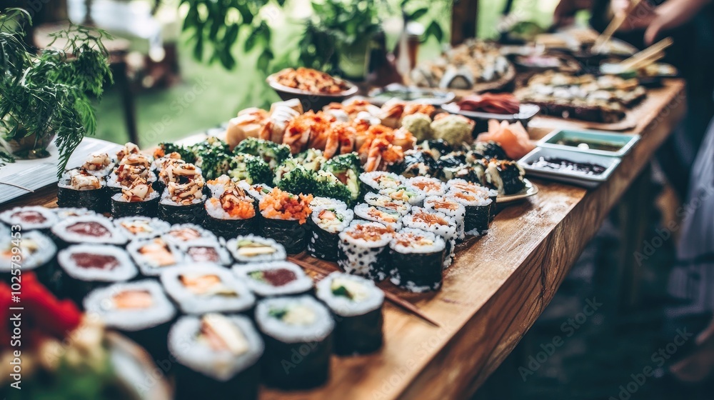Freshly Prepared Sushi Rolls on Wooden Table Freshly Prepared Sushi Rolls on Wooden Table