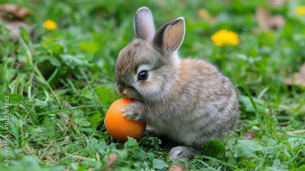 Fototapeta premium A small, brown rabbit with large ears sits on a bed of green grass and eats a bright orange fruit.