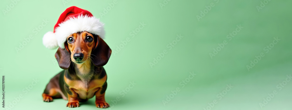 Obraz premium Adorable dachshund puppy wearing a Santa hat with a cute expression on a light green background, copy space
