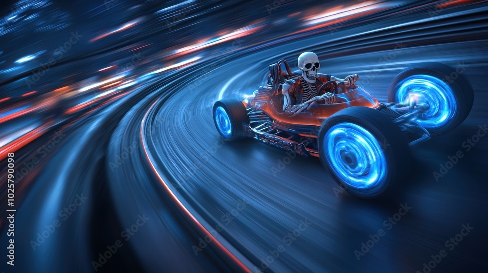 Futuristic racing car with glowing wheels on a dynamic track. Futuristic racing car with glowing wheels on a dynamic track.