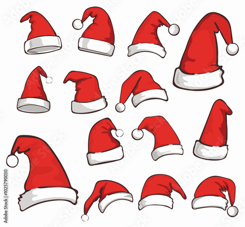 Set of realistic Santa Hats isolated on white. Vector santa claus hat collection. Outlined colorful holiday Christmas caps flat design.