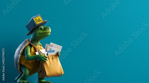 Cute turtle character dressed as a mail carrier holding letters against a teal background.