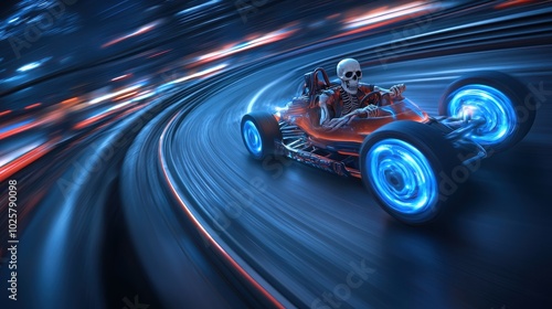 Futuristic racing car with glowing wheels on a dynamic track.