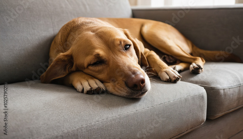 A dog lying on the couch, fast asleep