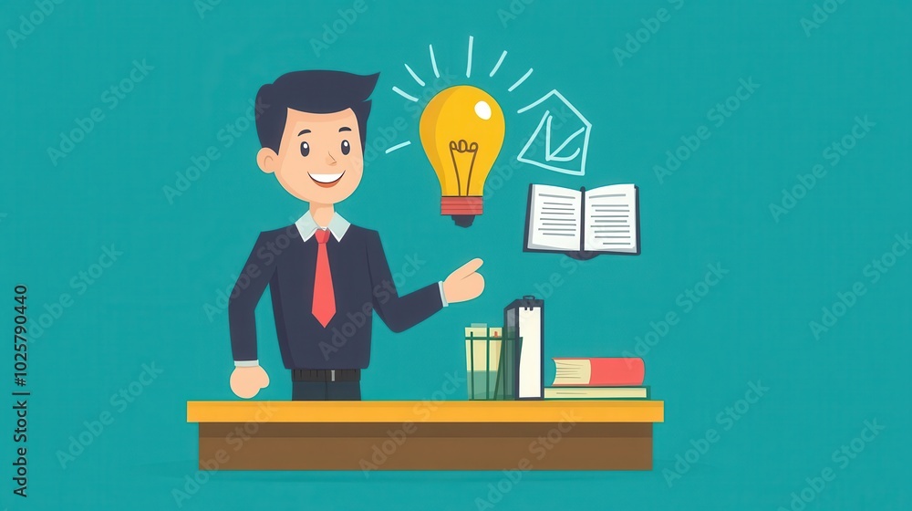 A cheerful businessman stands at a desk, symbolizing creativity and ideas with a light bulb and books around him. A cheerful businessman stands at a desk, symbolizing creativity and ideas with a light bulb and books around him.