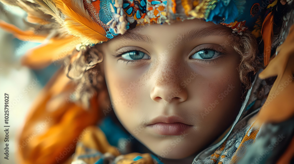 Obraz premium Close-up Portrait of a Young Person with Blue Eyes and Freckles Wearing a Colorful Headband with Feathers