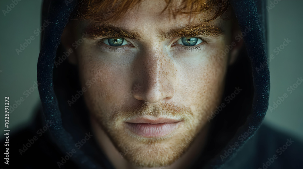 Close-up Portrait of a Young Man with Red Hair and Blue Eyes Wearing a Black Hoodie, Looking Directly at the Camera Close-up Portrait of a Young Man with Red Hair and Blue Eyes Wearing a Black Hoodie, Looking Directly at the Camera