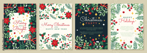 Set of Christmas and New Year greeting and invitation cards with winter plants.  Vector design template with botanic elements . Hand-drawn vintage style.