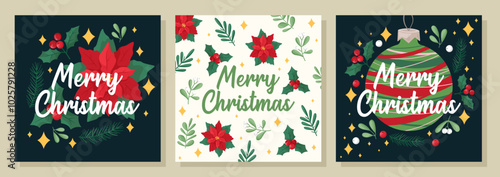 Set of Christmas and New Year greeting cards with xmas decoration. Vector design template with botanic elements . Hand-drawn flat cartoon style.