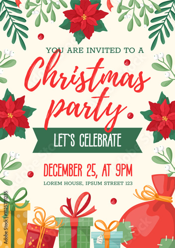 Invitation card for a Christmas party. Vector design template with Christmas botanic elements, poinsettia, leaves, branches, berries, holly. Hand-drawn flat vintage style.
