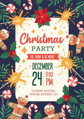 Invitation card for a Christmas party. Vector design template on a dark blue background with gingerbread, sweets, festive symbols and design elements. Hand-drawn flat cartoon style.
