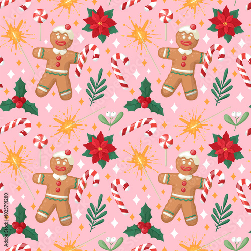 Seamless Christmas pattern with gingerbread man, sweets, botany on a pink background. Hand drawn cartoone style. Perfect for fabric, scrapbooking, banner, card, wrapping paper, textile, wallpaper.