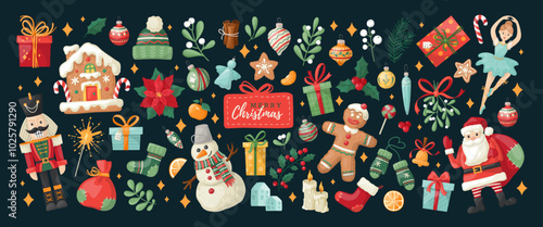 Big Christmas collection of festive symbols and design elements on dark blue background. Christmas vector characters. Hand-drawn style sticker pack. Vector elements for banner, card, postcard, cover.
