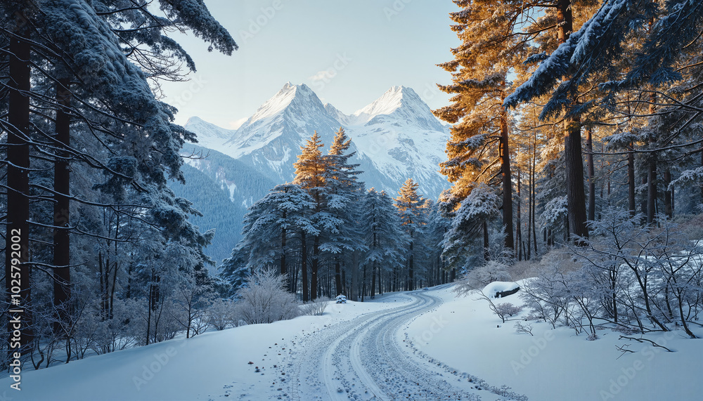 Obraz premium Winter Forest Road with Majestic Mountain View. Snowy Mountain Trail with Winter Pines