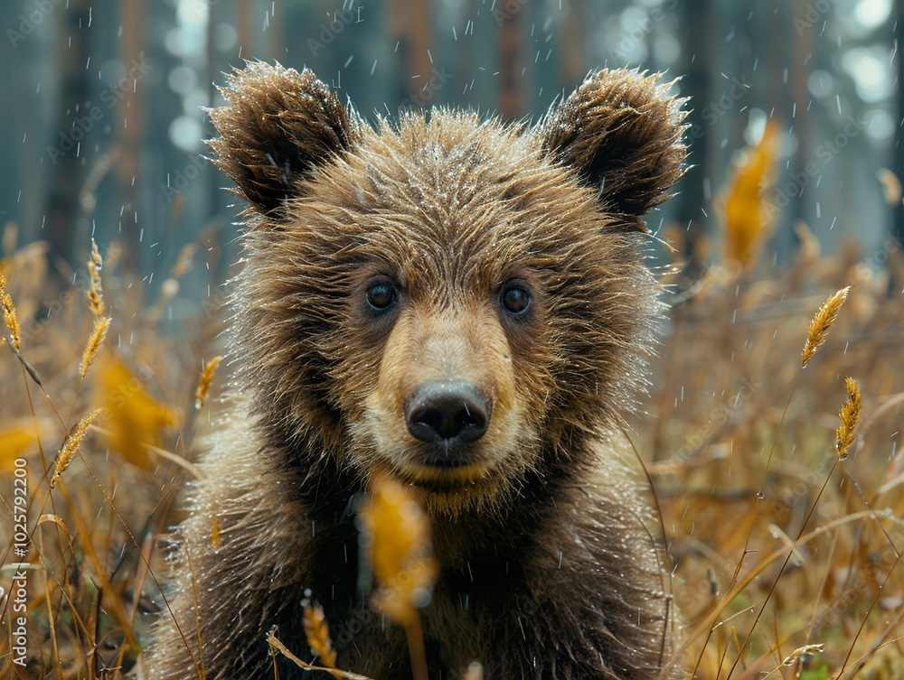 Fototapeta premium Adorable Brown Bear Cub in the Rain