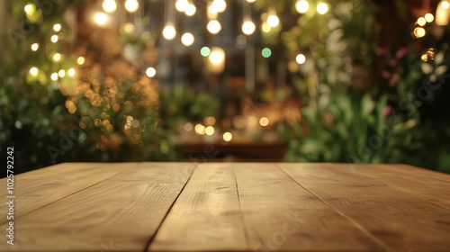 Wooden table foreground, blurred garden lights background, greenery ambiance