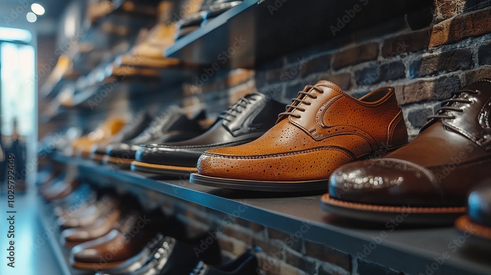 Row of men's shoes displayed on shelves in a shoe store Row of men's shoes displayed on shelves in a shoe store