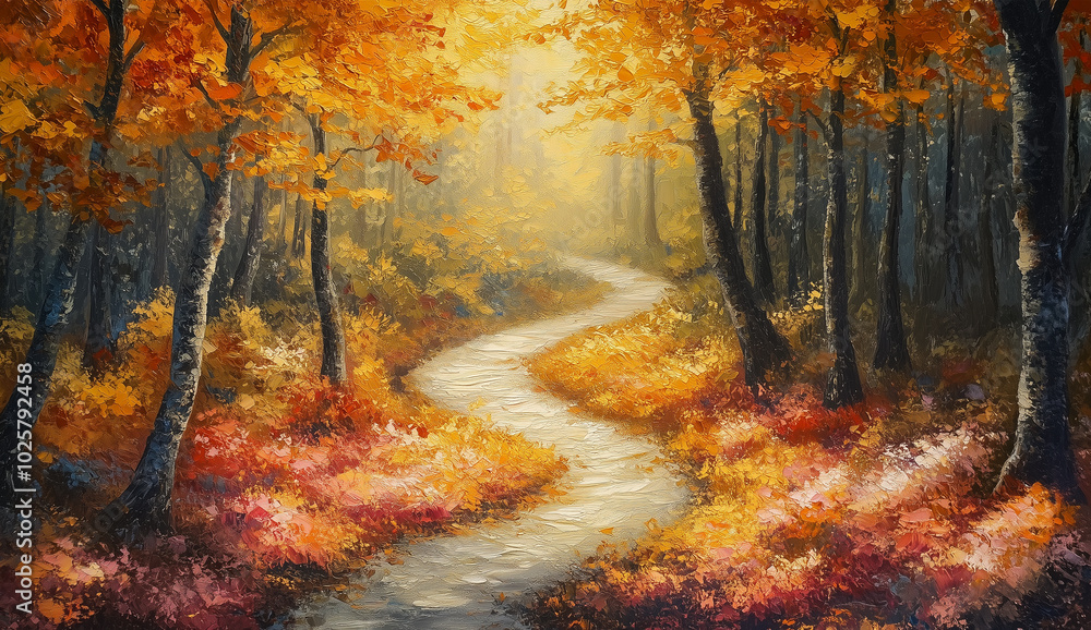Autumn Forest Landscape with Vibrant Fall Foliage and Winding Path in Golden Sunlight Watercolor Illustration Autumn Forest Landscape with Vibrant Fall Foliage and Winding Path in Golden Sunlight Watercolor Illustration