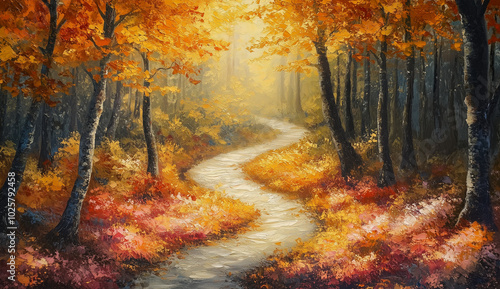 Autumn Forest Landscape with Vibrant Fall Foliage and Winding Path in Golden Sunlight Watercolor Illustration