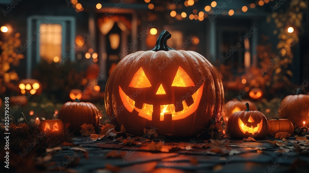 Halloween Jack o Lantern Pumpkins On Porch With Lights Halloween Jack o Lantern Pumpkins On Porch With Lights
