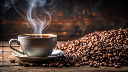 Close-up of steaming cup of freshly brewed coffee with coffee beans in the background
