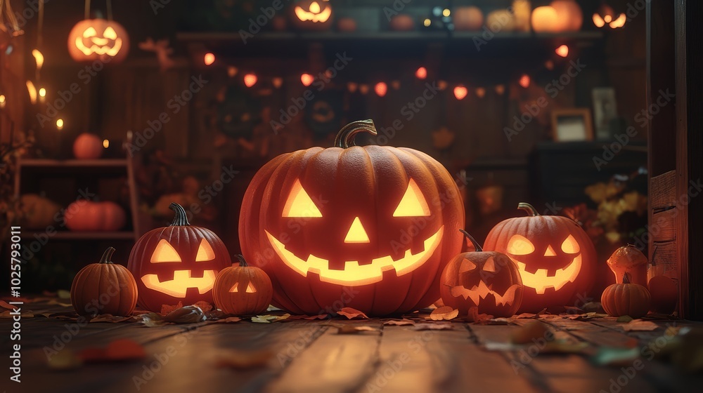 Fototapeta premium Glowing Jack O Lanterns on Wooden Floor for Halloween