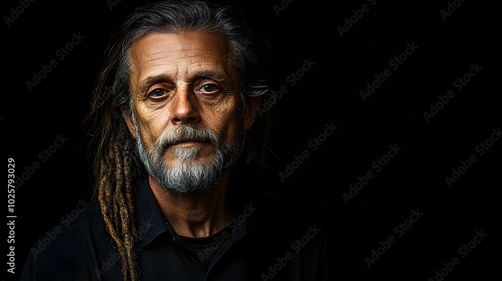 Fototapeta premium Portrait of a Man with Grey Hair and Beard, Wearing a Black Shirt, Gazing Intensely at the Camera
