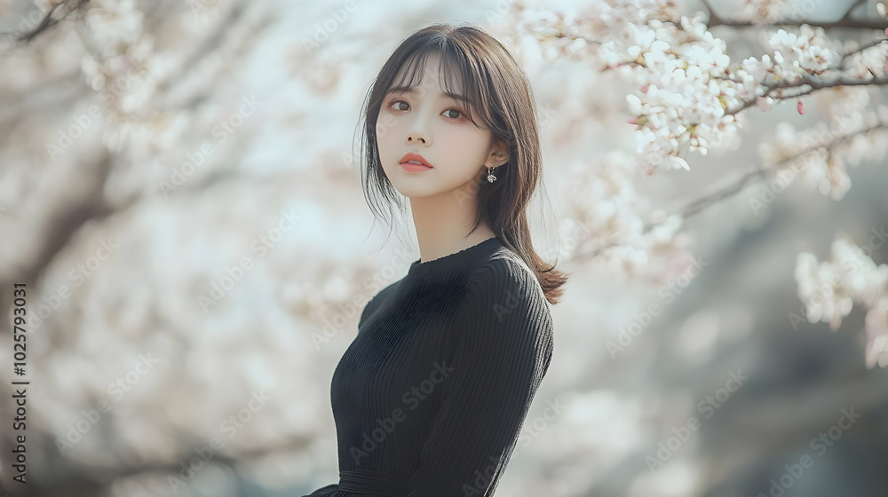 A Portrait of a Young Woman Standing in Front of a Blooming Cherry Blossom Tree, Wearing a Black Sweater, with a Softly Blurred Background. A Portrait of a Young Woman Standing in Front of a Blooming Cherry Blossom Tree, Wearing a Black Sweater, with a Softly Blurred Background.