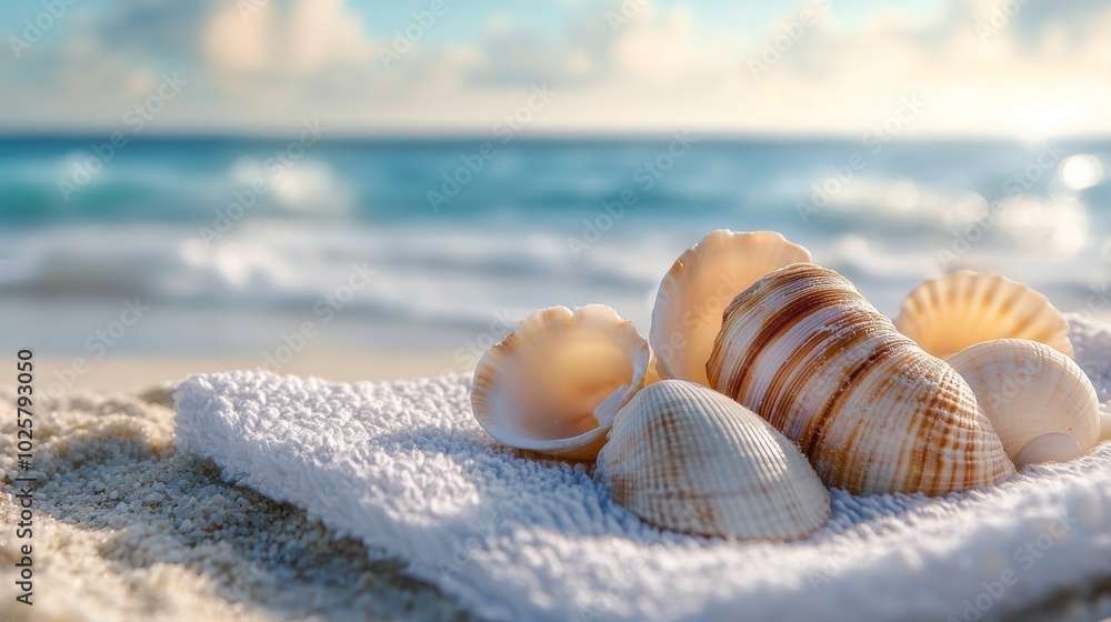 Seashells on Sandy Beach with Ocean View Seashells on Sandy Beach with Ocean View