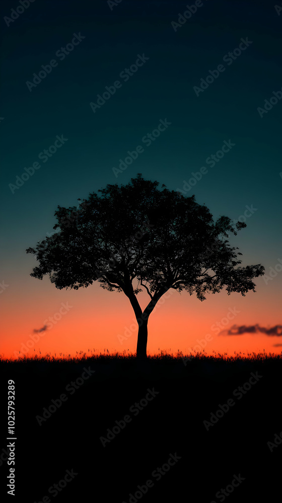 Silhouette of a Tree Standing Tall Against a Vibrant Sunset Sky, a Serene and Tranquil Scene of Nature's Beauty Silhouette of a Tree Standing Tall Against a Vibrant Sunset Sky, a Serene and Tranquil Scene of Nature's Beauty