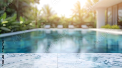 Wallpaper Mural Wooden table in swimming pool with blurred background Torontodigital.ca