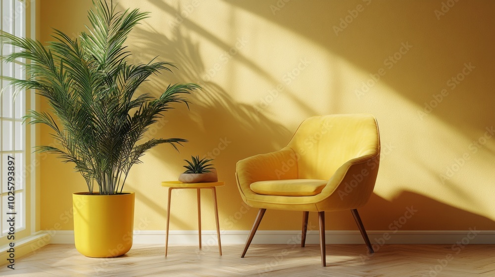 Sunny Yellow Corner with Armchair and Plants Sunny Yellow Corner with Armchair and Plants