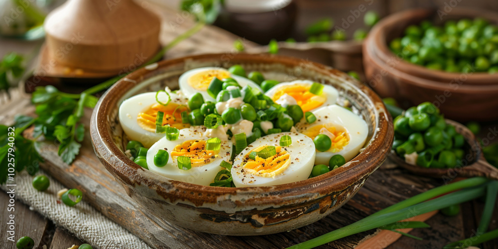 Boiled Eggs Garnished With Green Herbs in a Rustic Bowl on a Wooden Table Boiled Eggs Garnished With Green Herbs in a Rustic Bowl on a Wooden Table