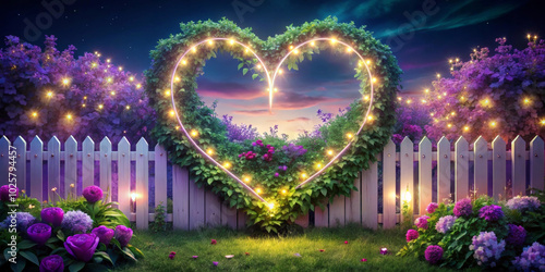 A heart-shaped arrangement of glowing lights entwined with lush green vines is set against a white picket fence, surrounded by vibrant purple and pink flowers with copy space. AI generated.