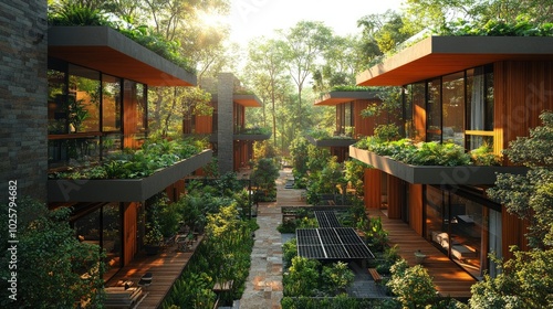 A carefully planned urban housing complex with green roofs, solar panels, and shared courtyards, promoting sustainable living in a densely populated area.