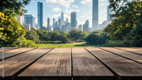 Wooden table foreground, city skyline background, lush park scenery
