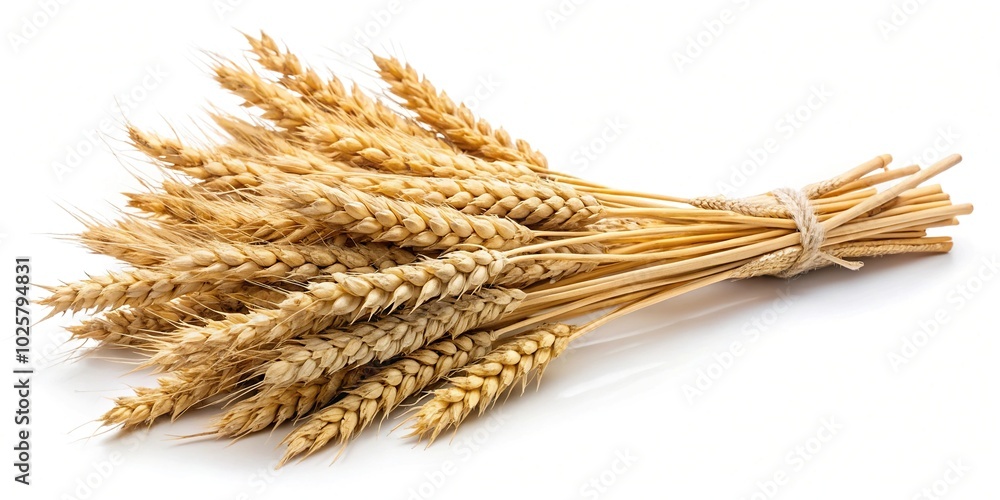 Close-up of wheat sheaves isolated on white background for optimal search visibility Close-up of wheat sheaves isolated on white background for optimal search visibility