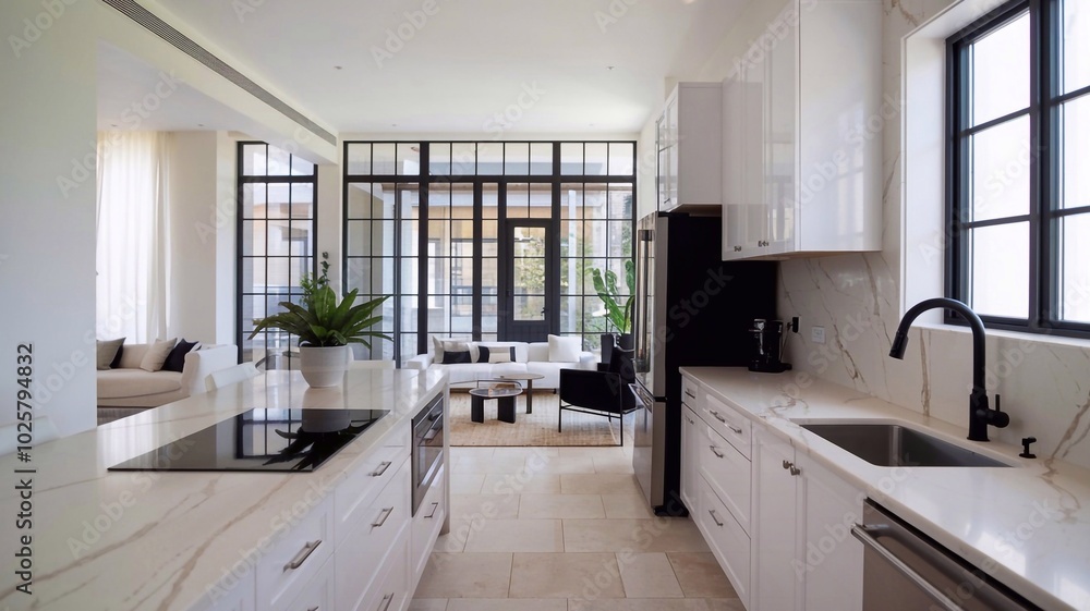 Modern kitchen and modern living room in white interior design. Modern kitchen and modern living room in white interior design.