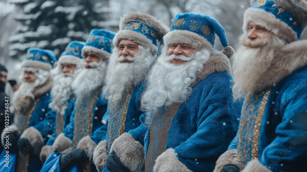 modern secret society of cool smiling Santa Clauses in blue fur coats modern secret society of cool smiling Santa Clauses in blue fur coats