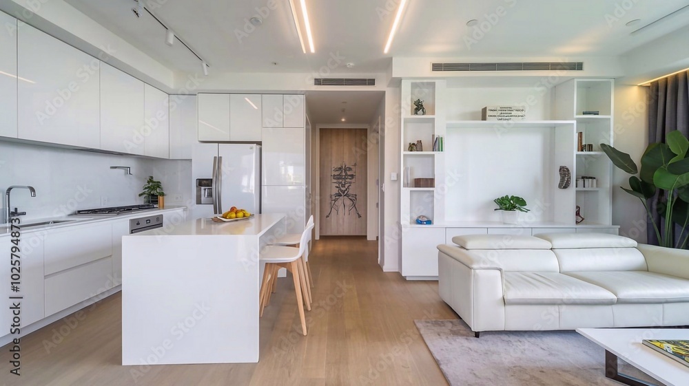 Modern kitchen and modern living room in white interior design. Modern kitchen and modern living room in white interior design.