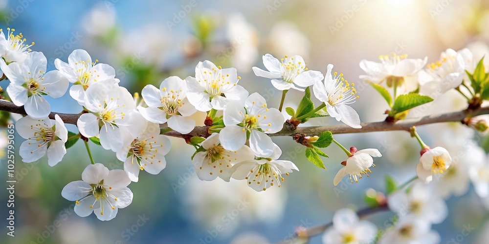 Closeup of white flowers blooming on tree branch Closeup of white flowers blooming on tree branch